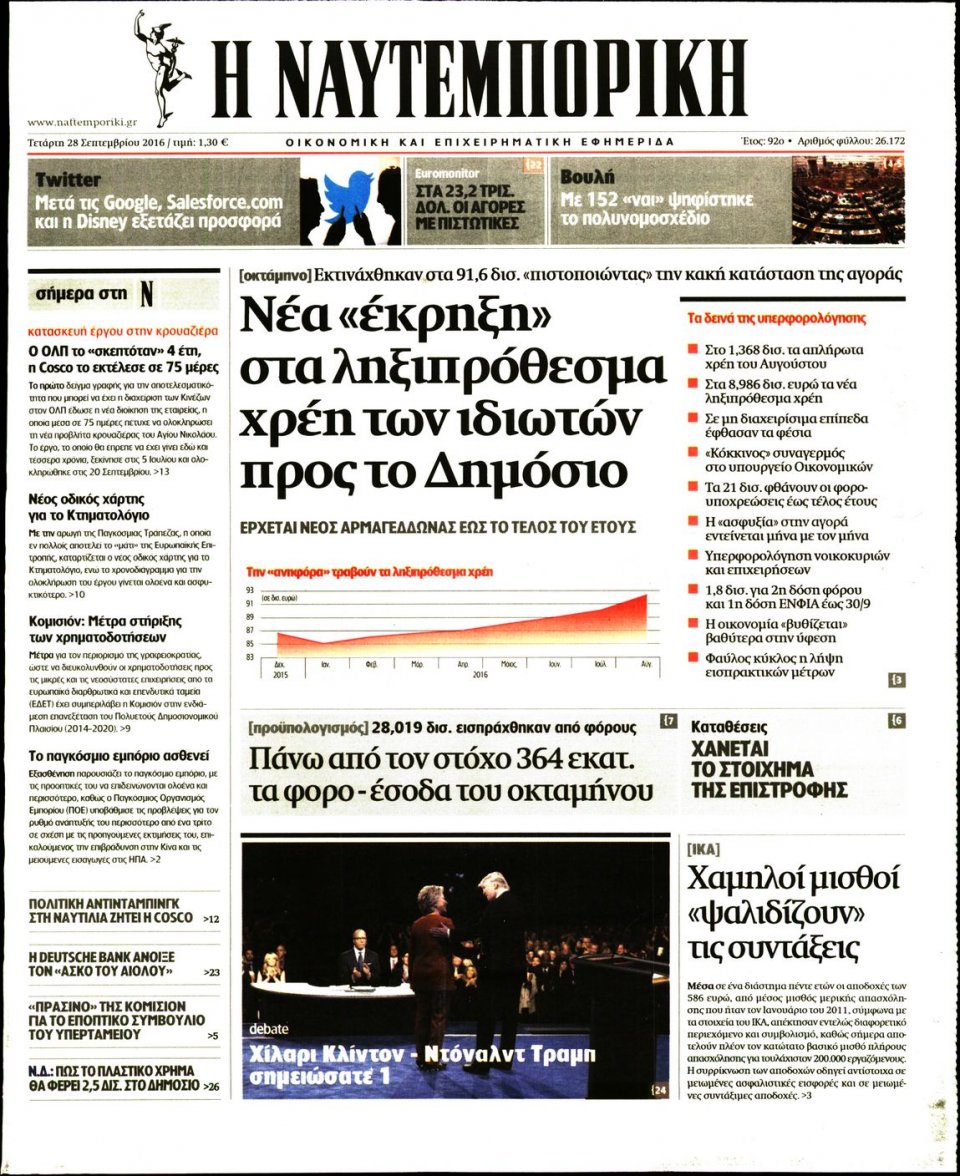 Πρωτοσέλιδο Εφημερίδας - ΝΑΥΤΕΜΠΟΡΙΚΗ - 2016-09-28