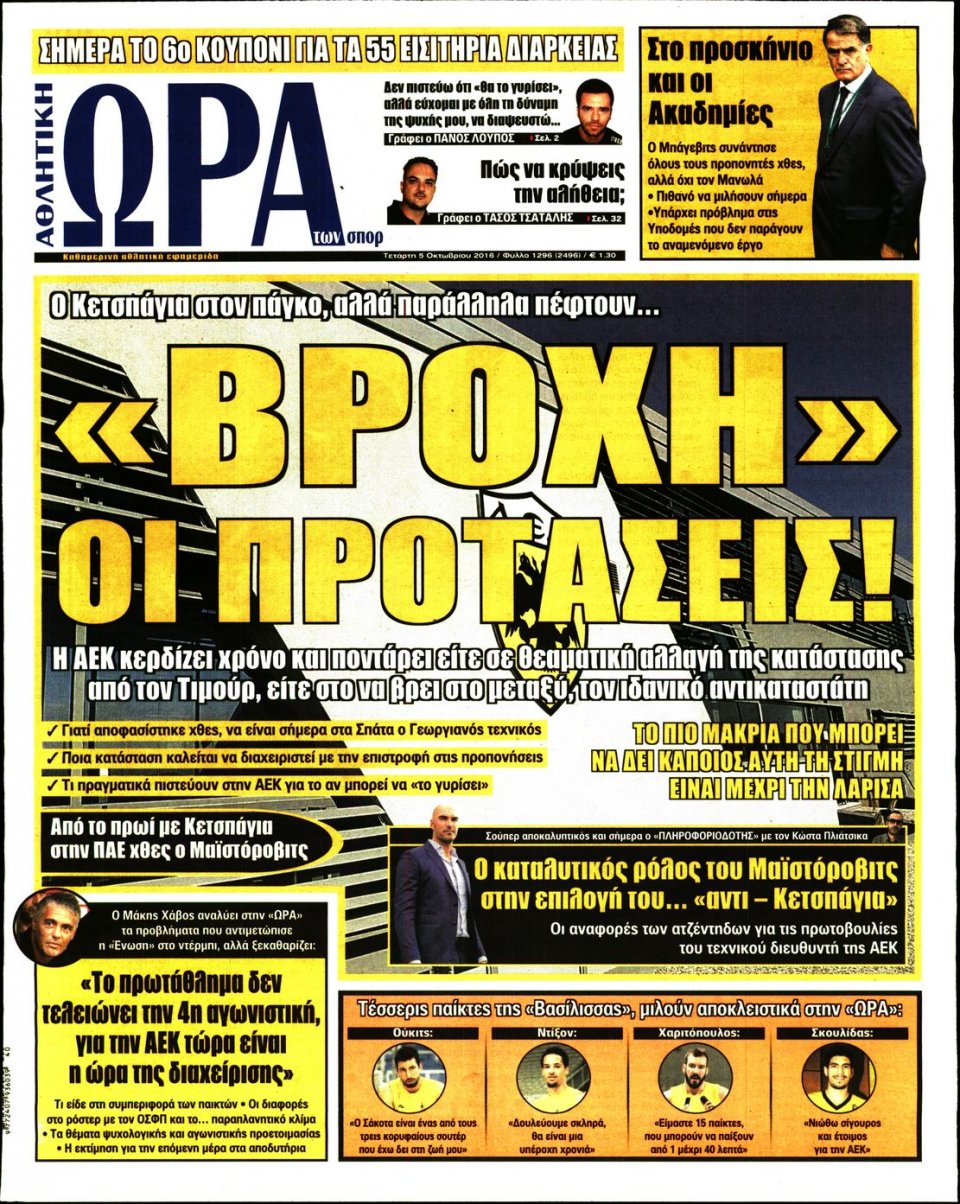Πρωτοσέλιδο Εφημερίδας - ΩΡΑ ΓΙΑ ΣΠΟΡ - 2016-10-05