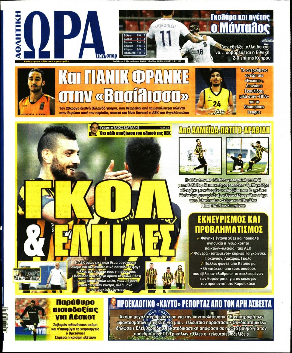 Πρωτοσέλιδο Εφημερίδας - ΩΡΑ ΓΙΑ ΣΠΟΡ - 2016-10-08