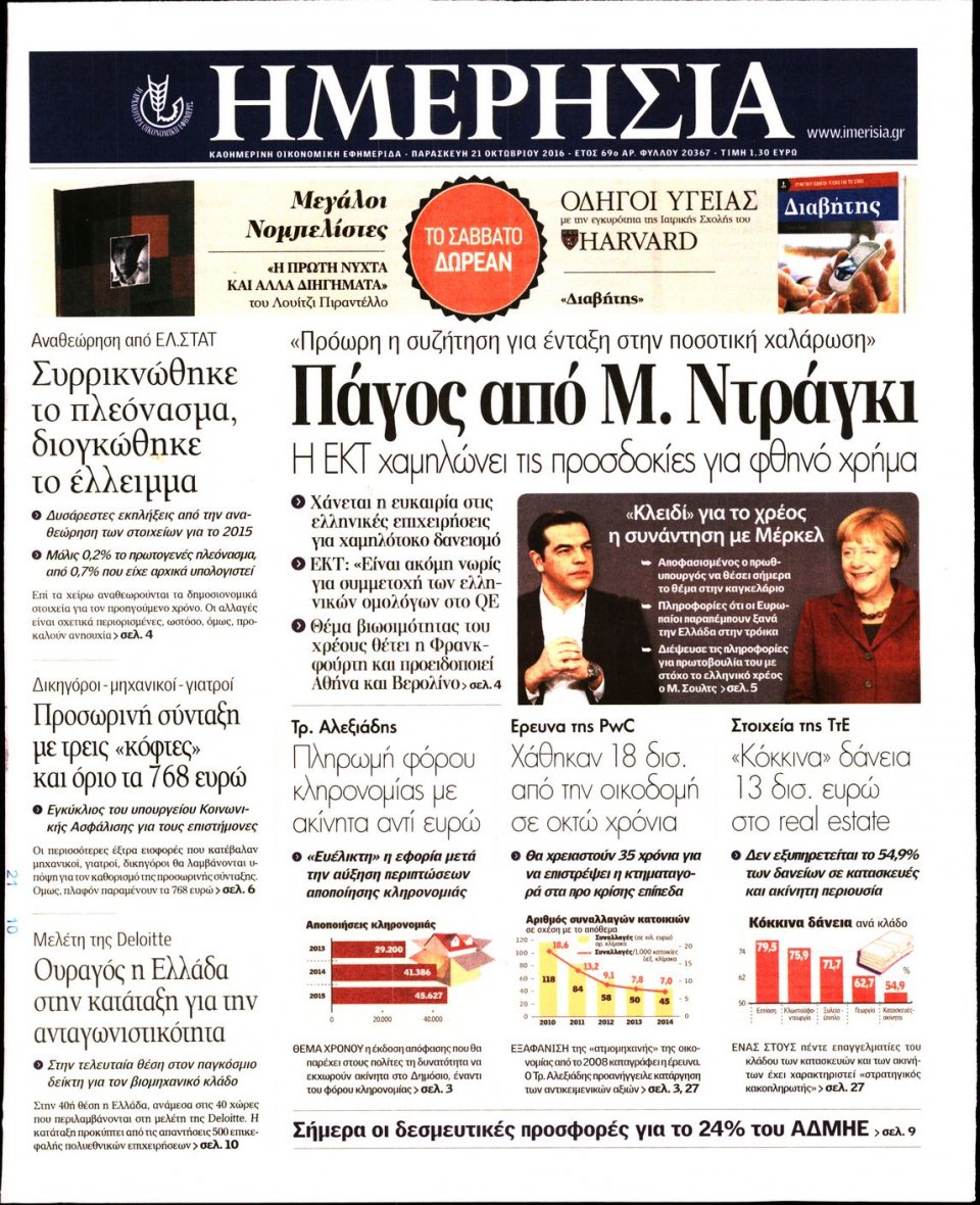 Πρωτοσέλιδο Εφημερίδας - ΗΜΕΡΗΣΙΑ - 2016-10-21