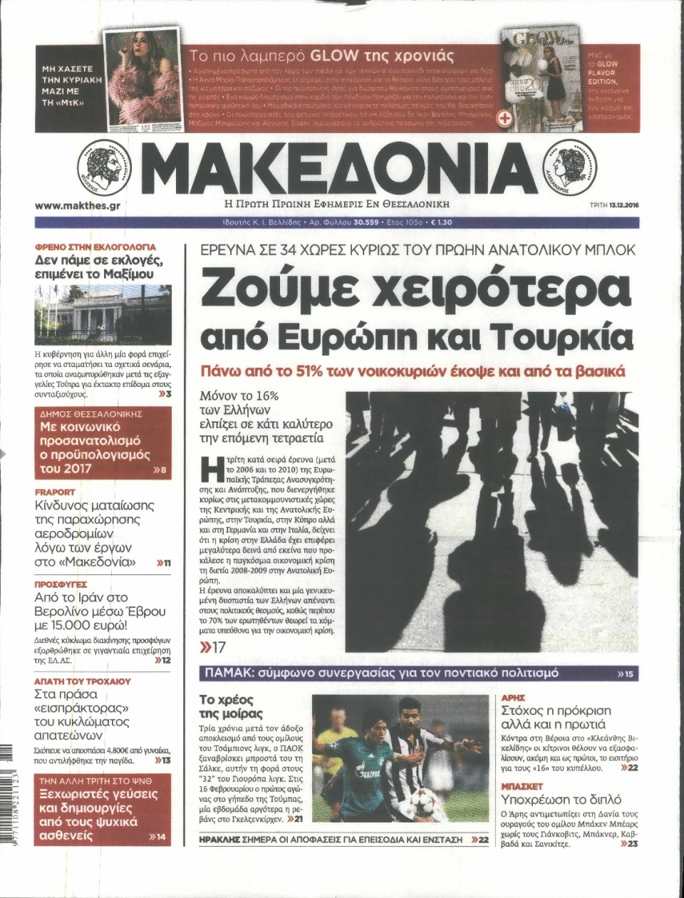 Πρωτοσέλιδο Εφημερίδας - ΜΑΚΕΔΟΝΙΑ - 2016-12-13