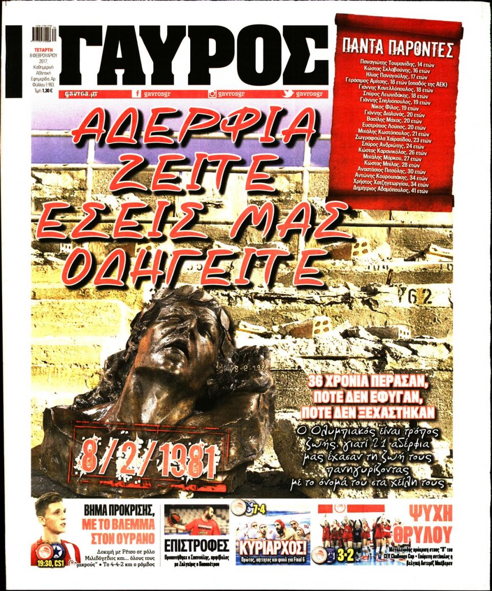 Πρωτοσέλιδο Εφημερίδας - ΓΑΥΡΟΣ - 2017-02-08