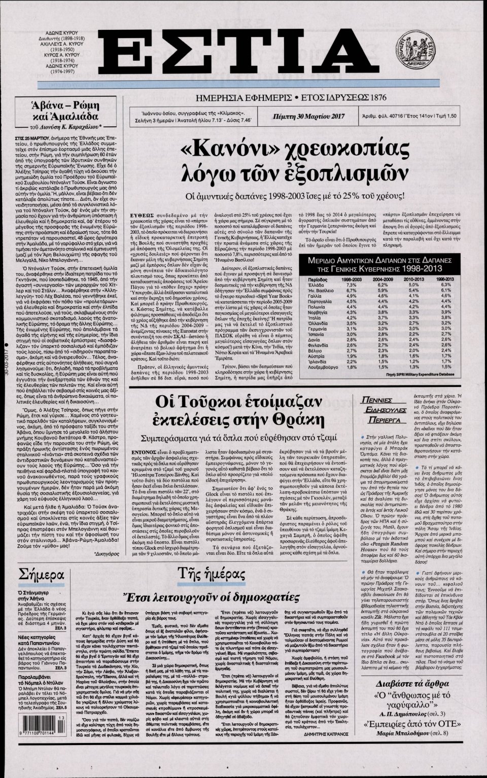 Πρωτοσέλιδο Εφημερίδας - ΕΣΤΙΑ - 2017-03-30