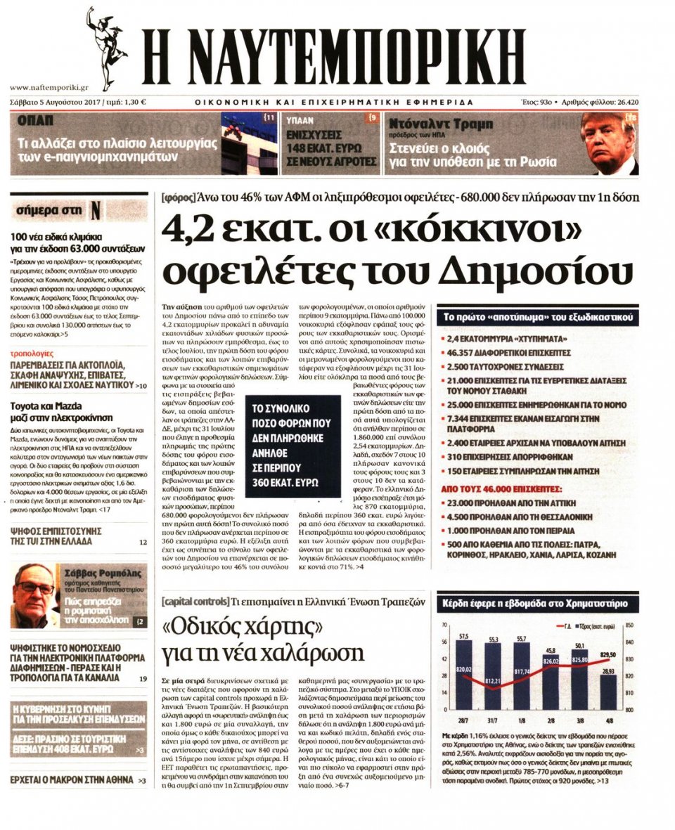 Πρωτοσέλιδο Εφημερίδας - ΝΑΥΤΕΜΠΟΡΙΚΗ - 2017-08-05