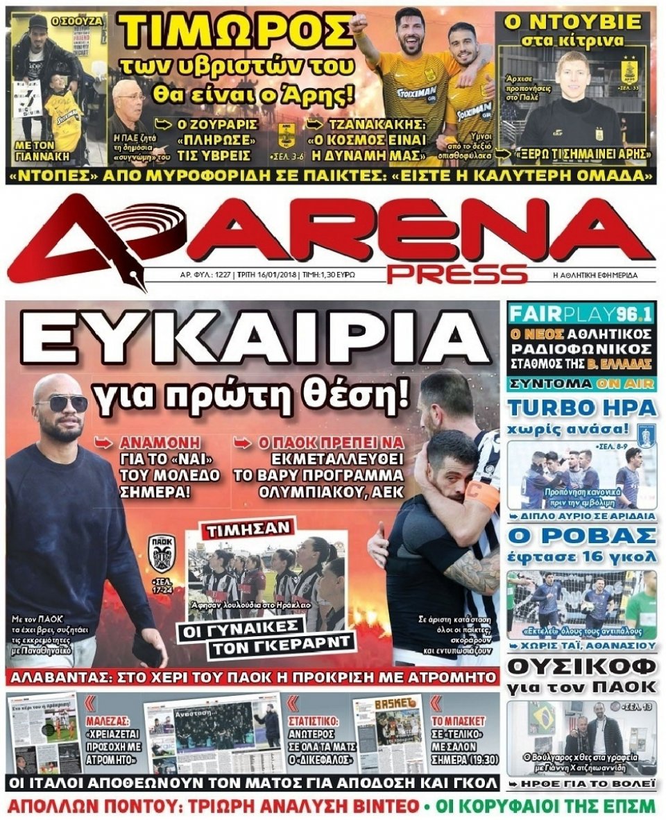 Πρωτοσέλιδο Εφημερίδας - ARENA PRESS - 2018-01-16