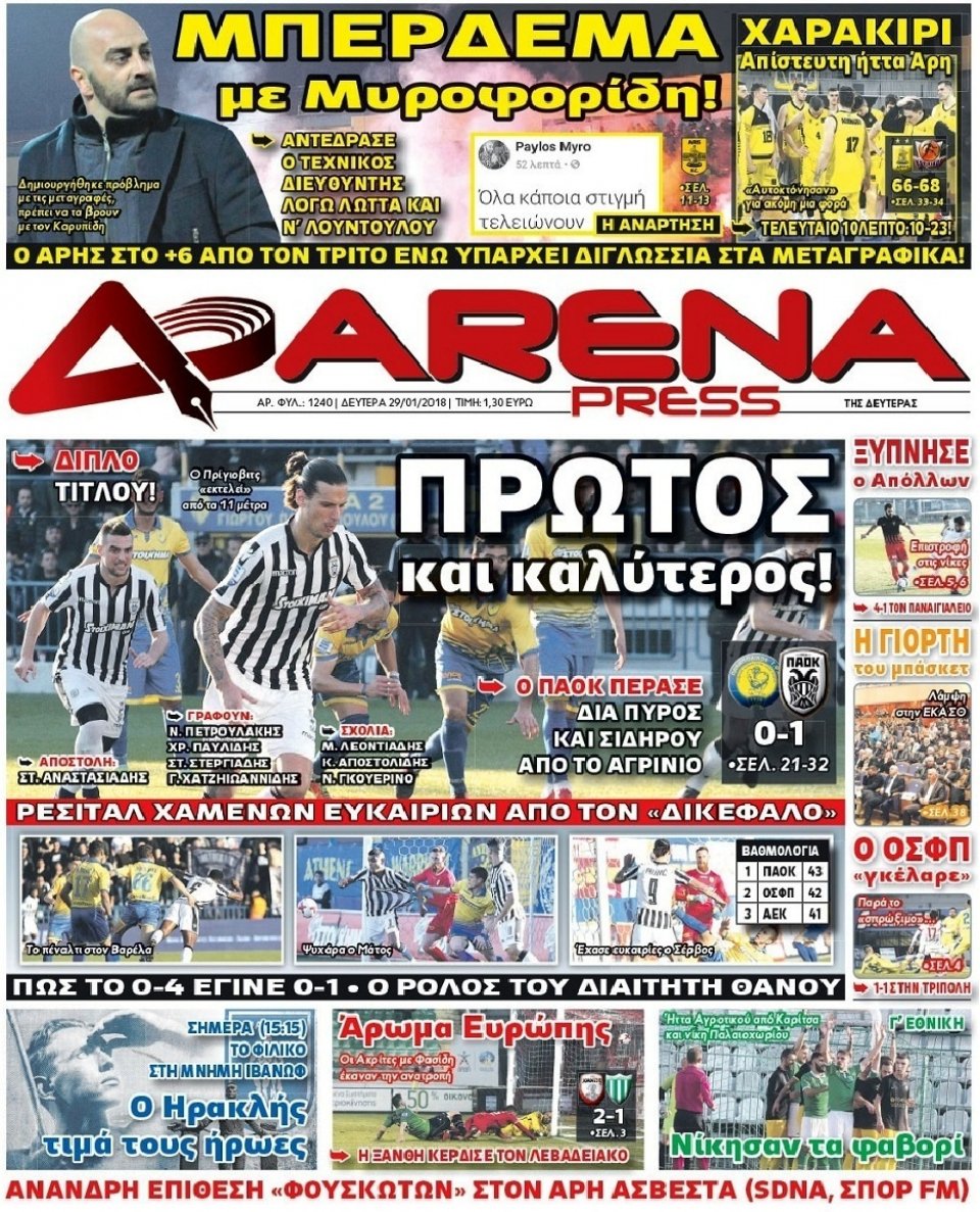 Πρωτοσέλιδο Εφημερίδας - ARENA PRESS - 2018-01-29