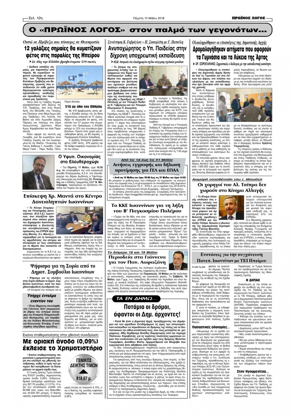Οπισθόφυλλο Εφημερίδας - ΠΡΩΙΝΟΣ ΛΟΓΟΣ ΙΩΑΝΝΙΝΩΝ - 2018-05-10
