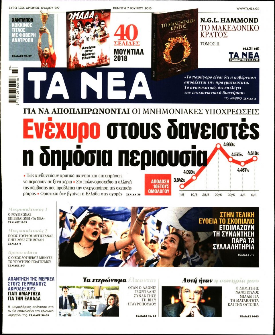 Πρωτοσέλιδο Εφημερίδας - ΤΑ ΝΕΑ - 2018-06-07