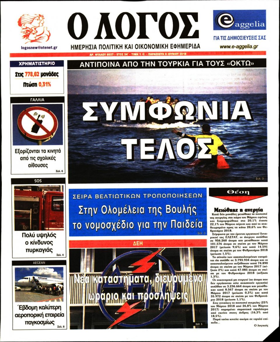 Πρωτοσέλιδο Εφημερίδας - Ο ΛΟΓΟΣ - 2018-06-08