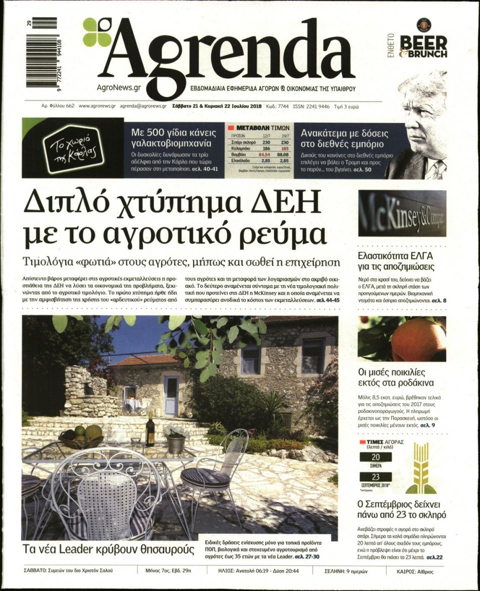 Πρωτοσέλιδο Εφημερίδας - AGRENDA - 2018-07-21