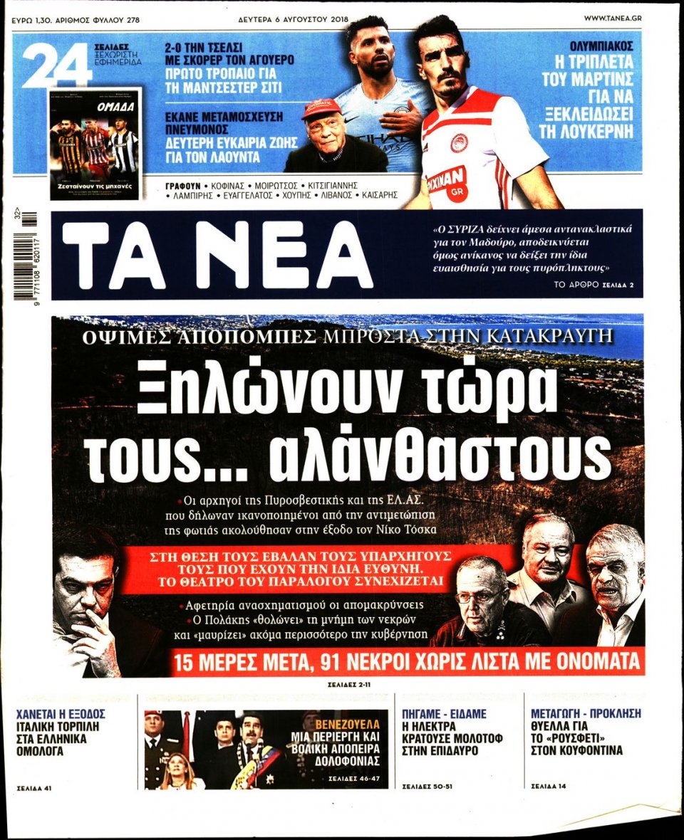 Πρωτοσέλιδο Εφημερίδας - ΤΑ ΝΕΑ - 2018-08-06