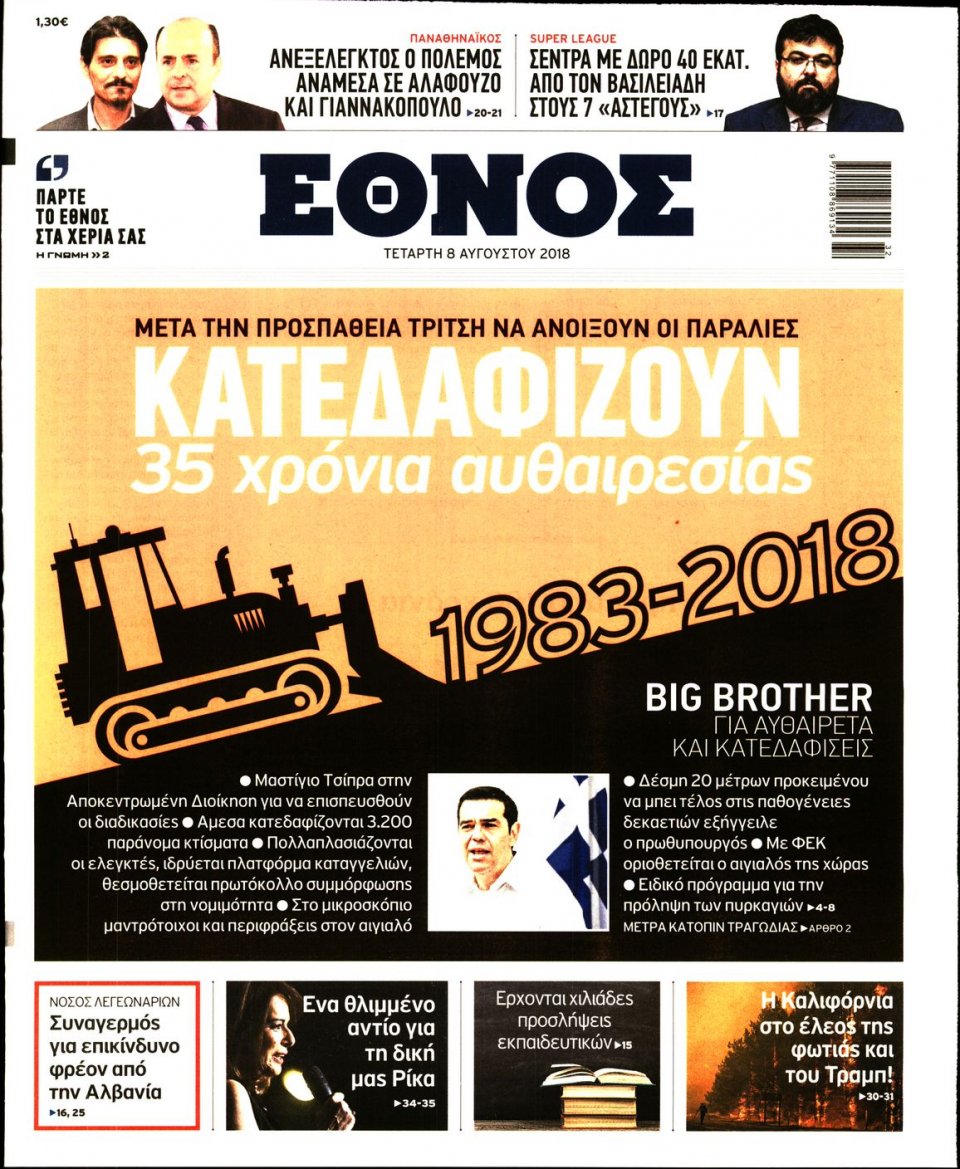 Πρωτοσέλιδο Εφημερίδας - ΕΘΝΟΣ - 2018-08-08