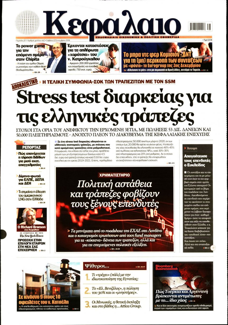 Πρωτοσέλιδο Εφημερίδας - ΚΕΦΑΛΑΙΟ - 2018-09-22