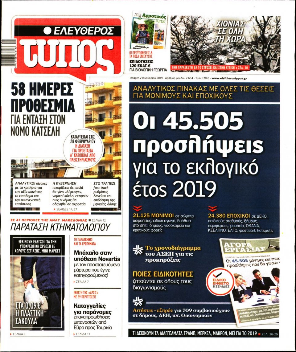 Πρωτοσέλιδο Εφημερίδας - ΕΛΕΥΘΕΡΟΣ ΤΥΠΟΣ - 2019-01-02