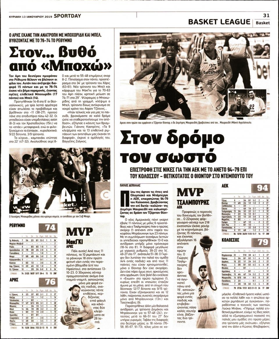 Οπισθόφυλλο Εφημερίδας - Sportday - 2019-01-13