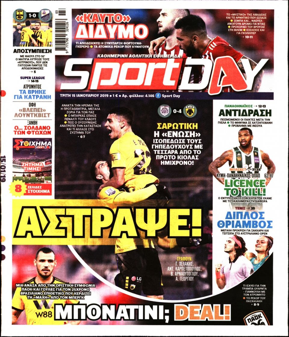 Πρωτοσέλιδο Εφημερίδας - Sportday - 2019-01-15