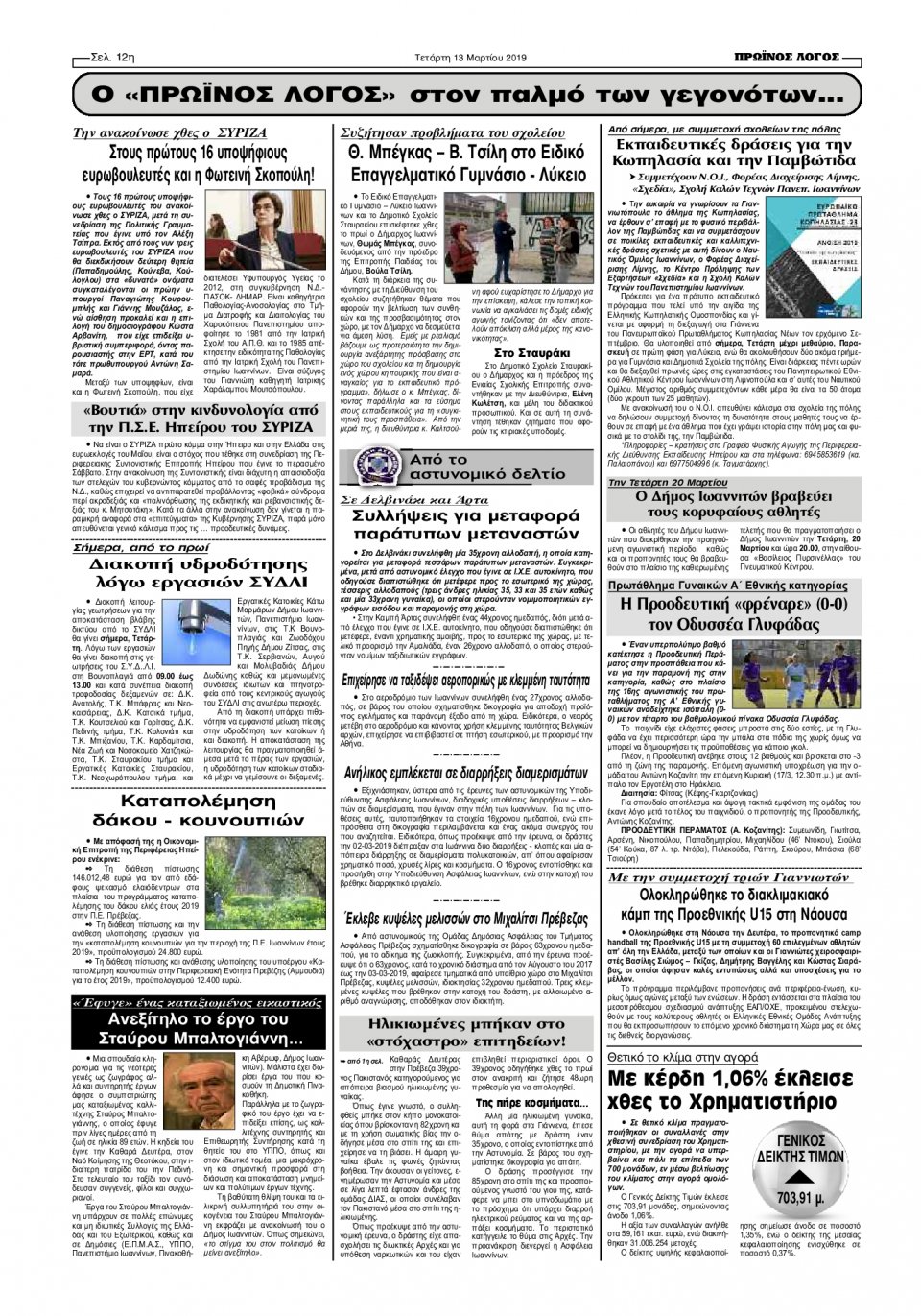 Οπισθόφυλλο Εφημερίδας - ΠΡΩΙΝΟΣ ΛΟΓΟΣ ΙΩΑΝΝΙΝΩΝ - 2019-03-13