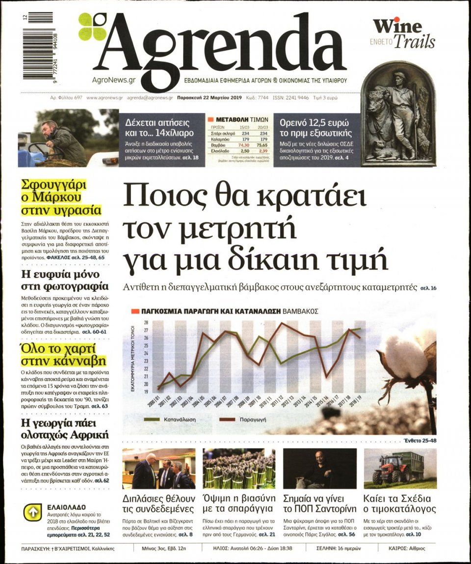 Πρωτοσέλιδο Εφημερίδας - AGRENDA - 2019-03-22
