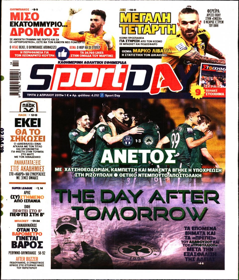 Πρωτοσέλιδο Εφημερίδας - Sportday - 2019-04-02