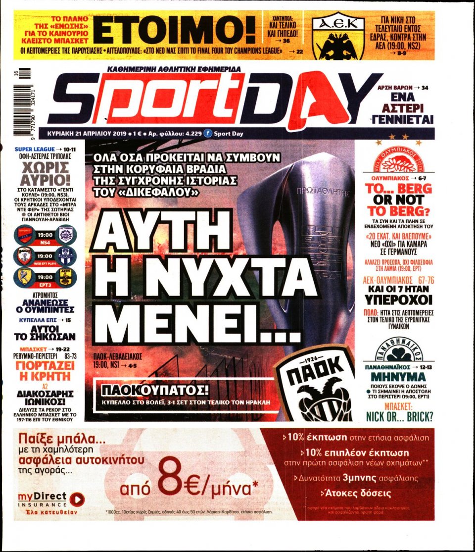 Πρωτοσέλιδο Εφημερίδας - Sportday - 2019-04-21
