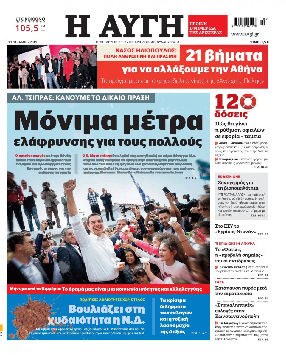 Πρωτοσέλιδο Εφημερίδας - Αυγή - 2019-05-07