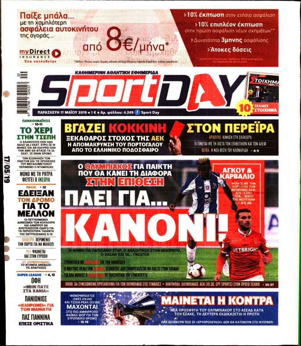 Πρωτοσέλιδο Εφημερίδας - Sportday - 2019-05-17