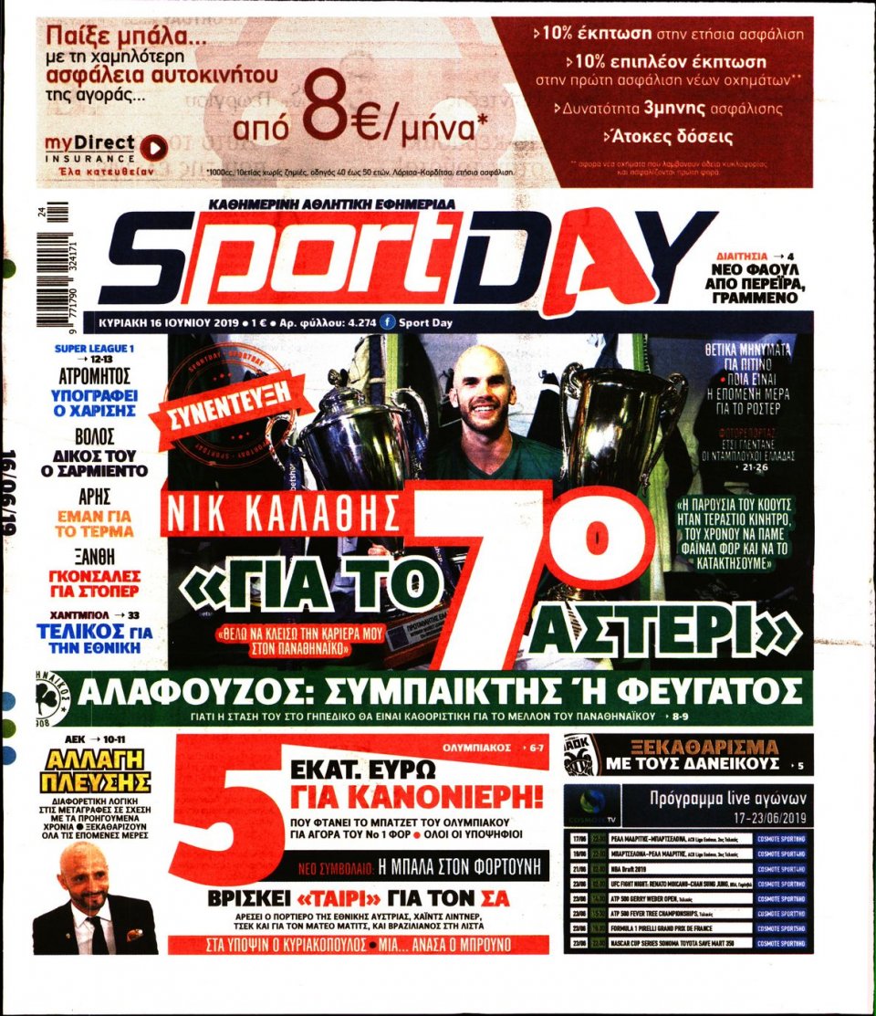 Πρωτοσέλιδο Εφημερίδας - Sportday - 2019-06-16