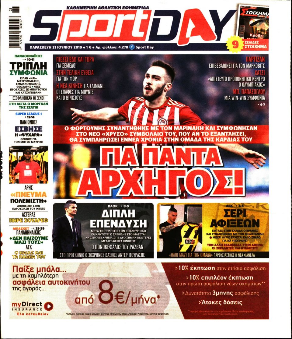 Πρωτοσέλιδο Εφημερίδας - Sportday - 2019-06-21