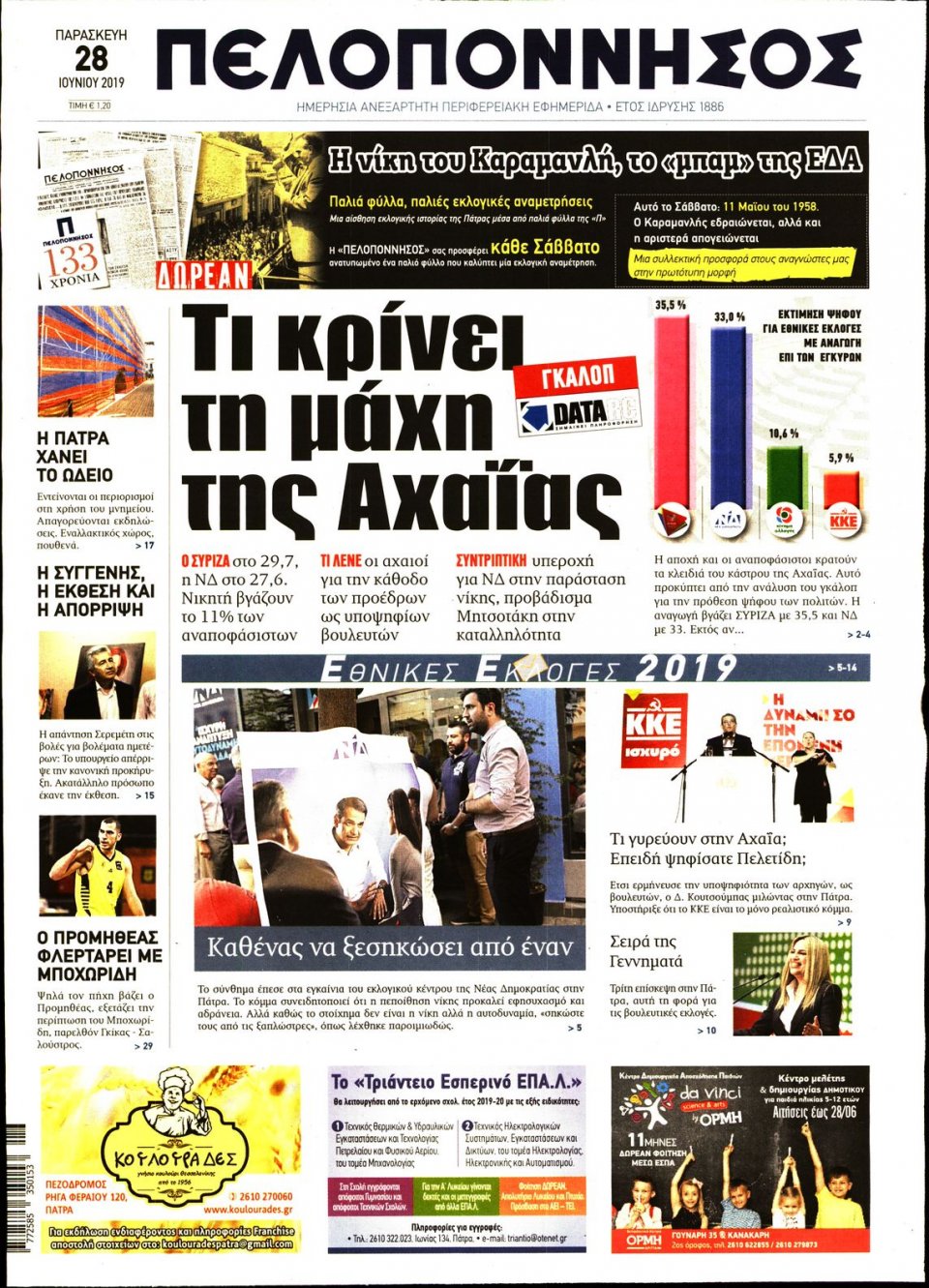 Πρωτοσέλιδο Εφημερίδας - ΠΕΛΟΠΟΝΝΗΣΟΣ - 2019-06-28