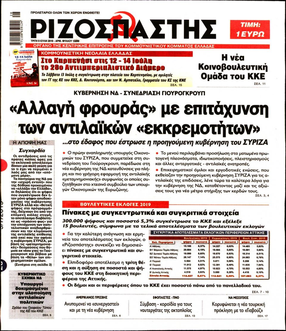 Πρωτοσέλιδο Εφημερίδας - Ριζοσπάστης - 2019-07-09