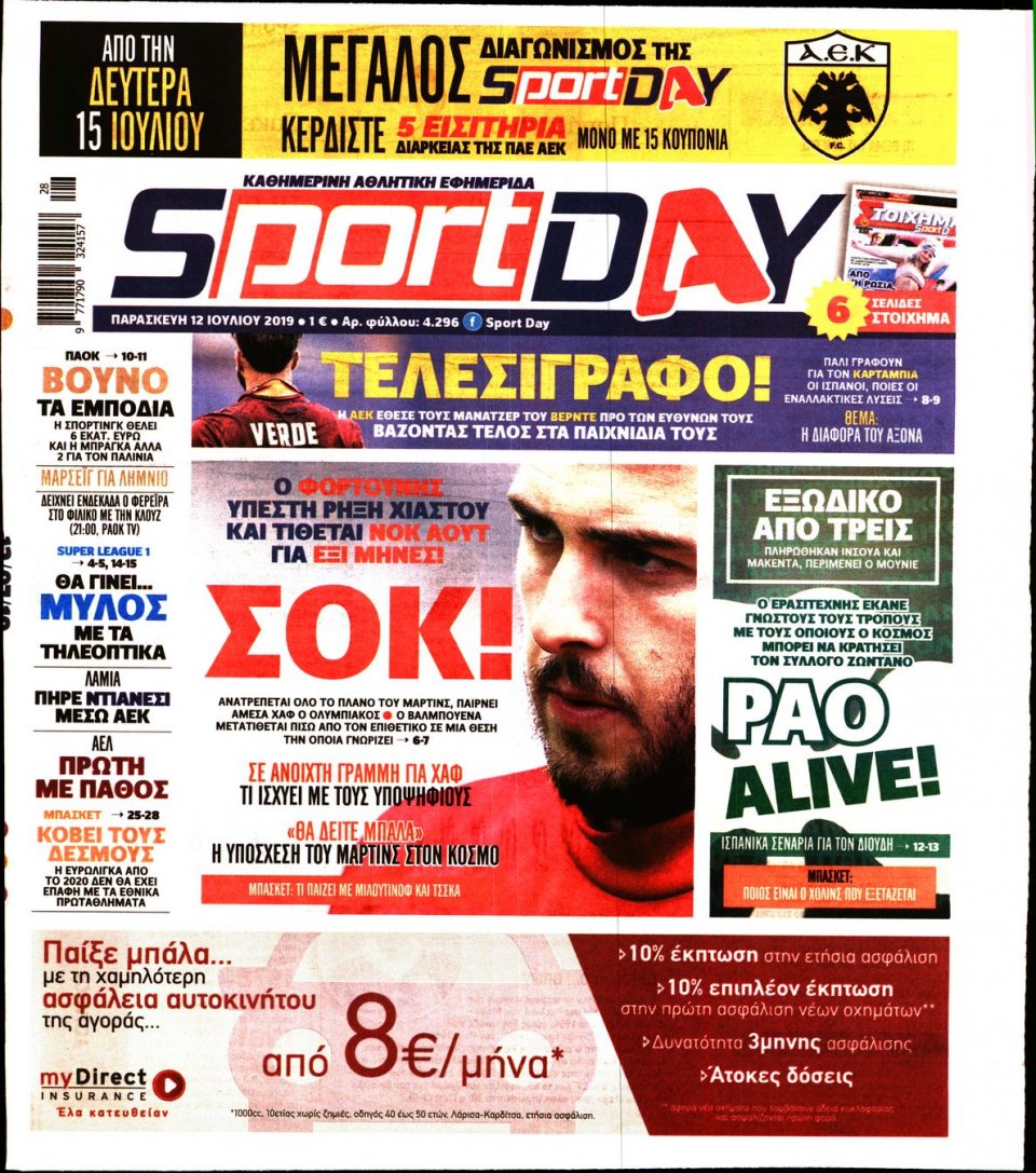 Πρωτοσέλιδο Εφημερίδας - Sportday - 2019-07-12