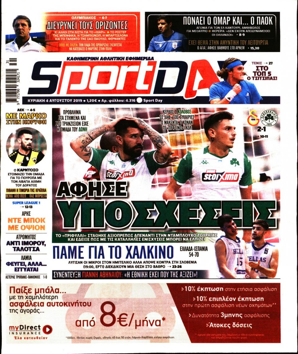 Πρωτοσέλιδο Εφημερίδας - Sportday - 2019-08-04