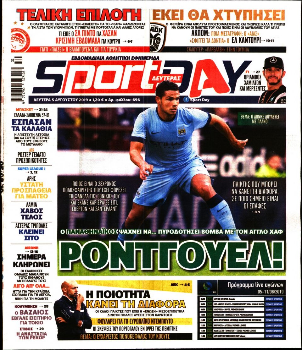 Πρωτοσέλιδο Εφημερίδας - Sportday - 2019-08-05