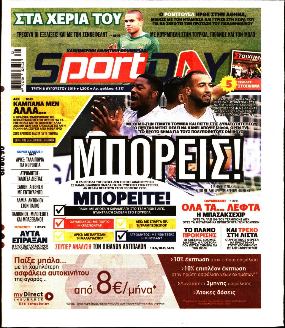 Πρωτοσέλιδο Εφημερίδας - Sportday - 2019-08-06