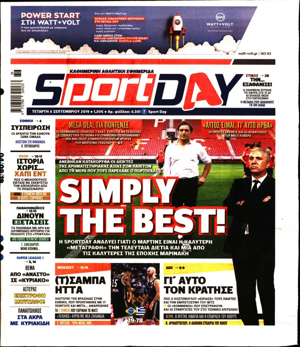 Πρωτοσέλιδο Εφημερίδας - Sportday - 2019-09-04