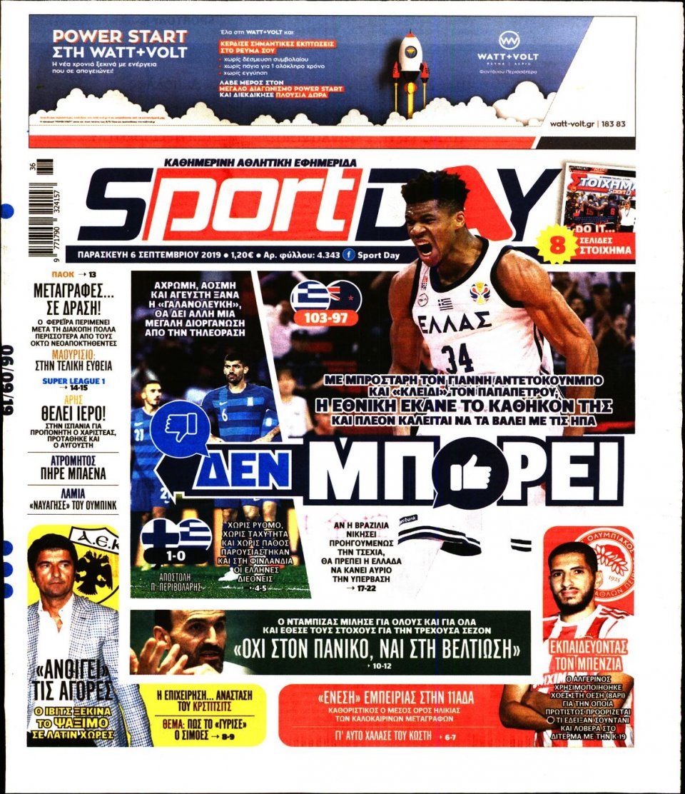 Πρωτοσέλιδο Εφημερίδας - Sportday - 2019-09-06