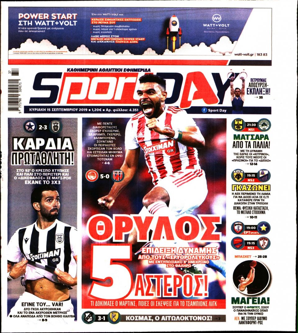 Πρωτοσέλιδο Εφημερίδας - Sportday - 2019-09-15