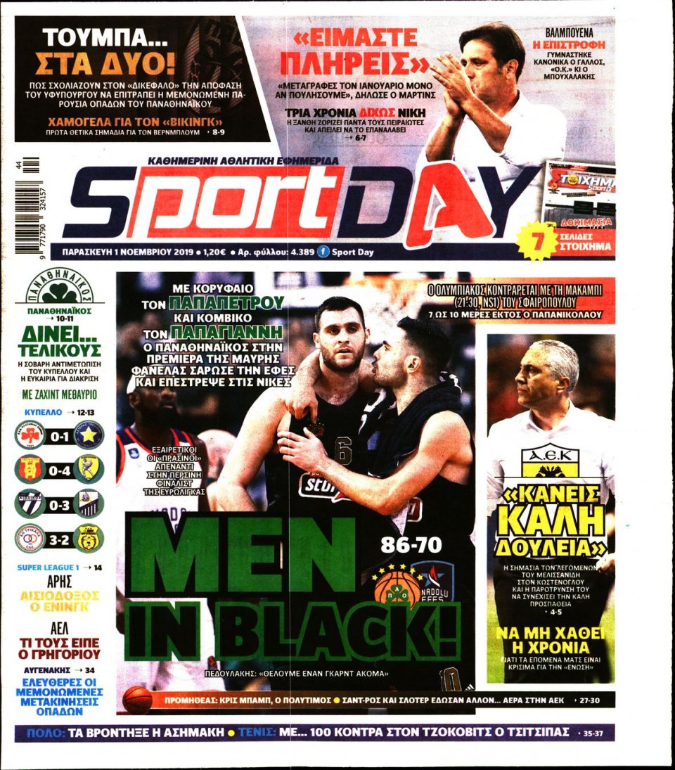 Πρωτοσέλιδο Εφημερίδας - Sportday - 2019-11-01