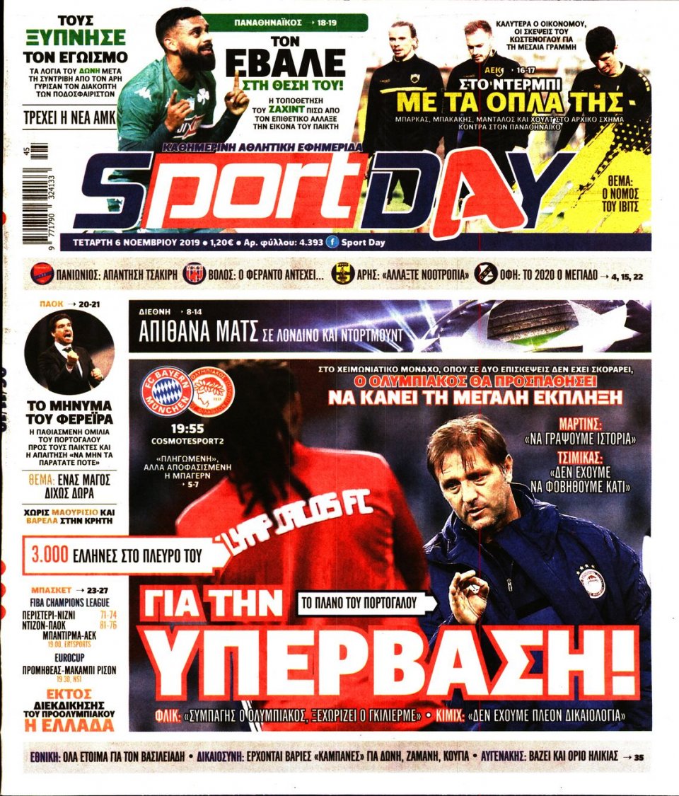 Πρωτοσέλιδο Εφημερίδας - Sportday - 2019-11-06