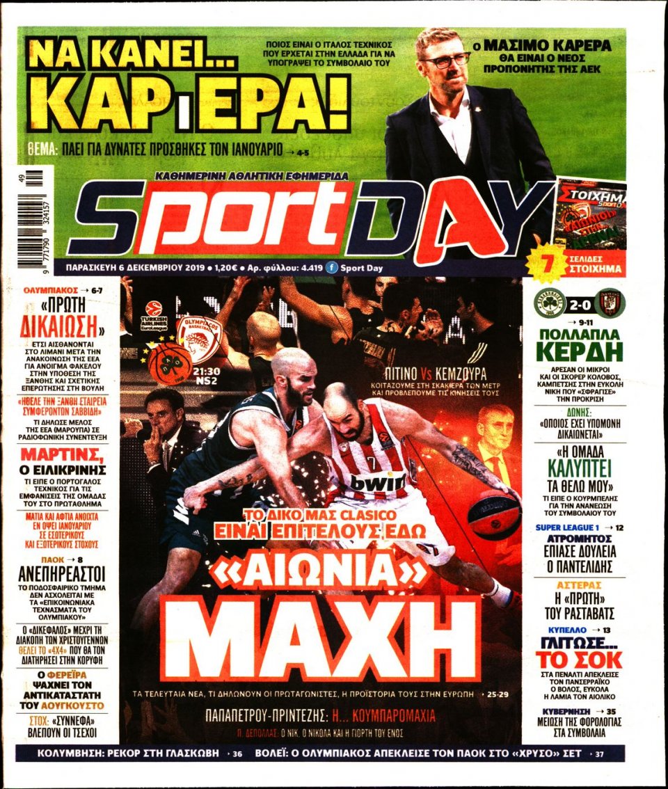 Πρωτοσέλιδο Εφημερίδας - Sportday - 2019-12-06
