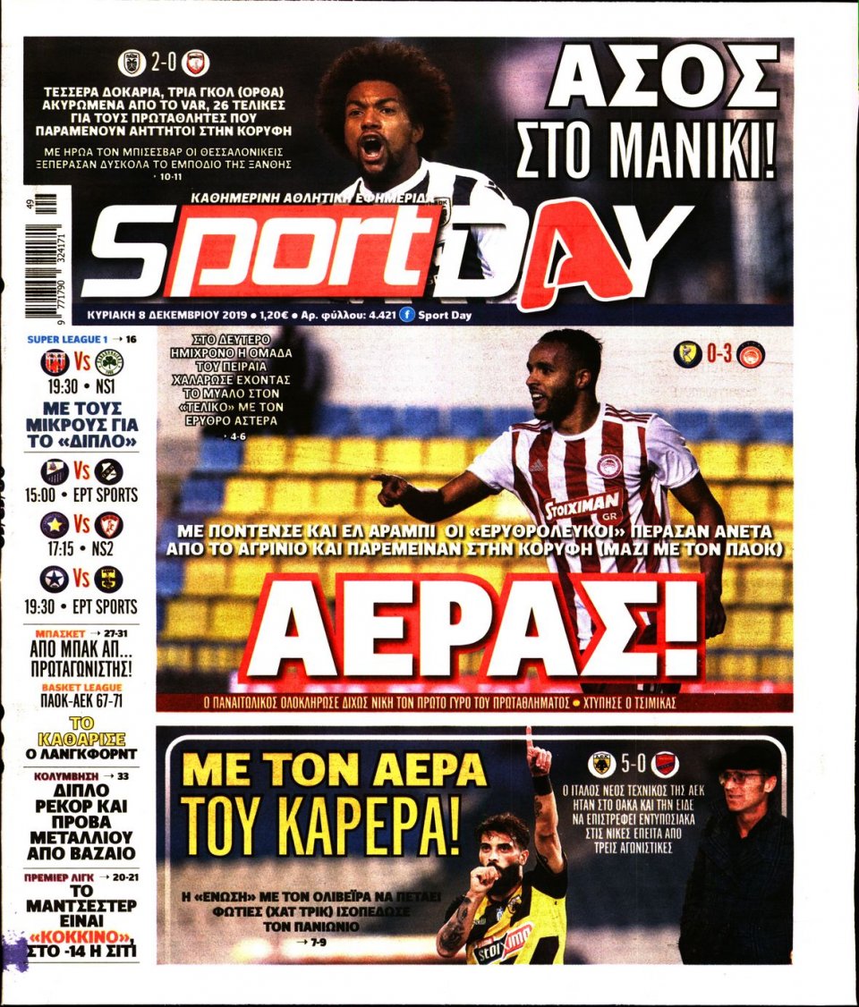 Πρωτοσέλιδο Εφημερίδας - Sportday - 2019-12-08