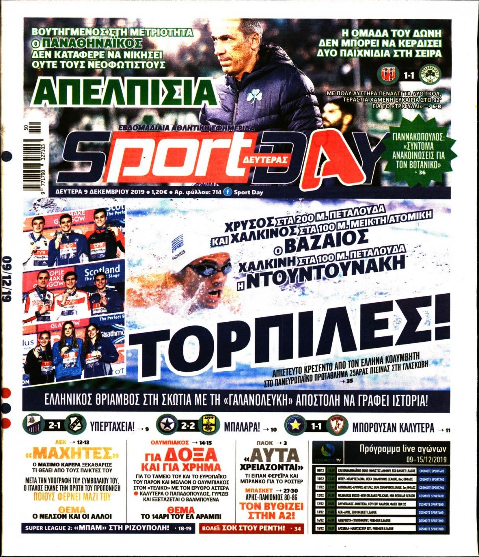 Πρωτοσέλιδο Εφημερίδας - Sportday - 2019-12-09