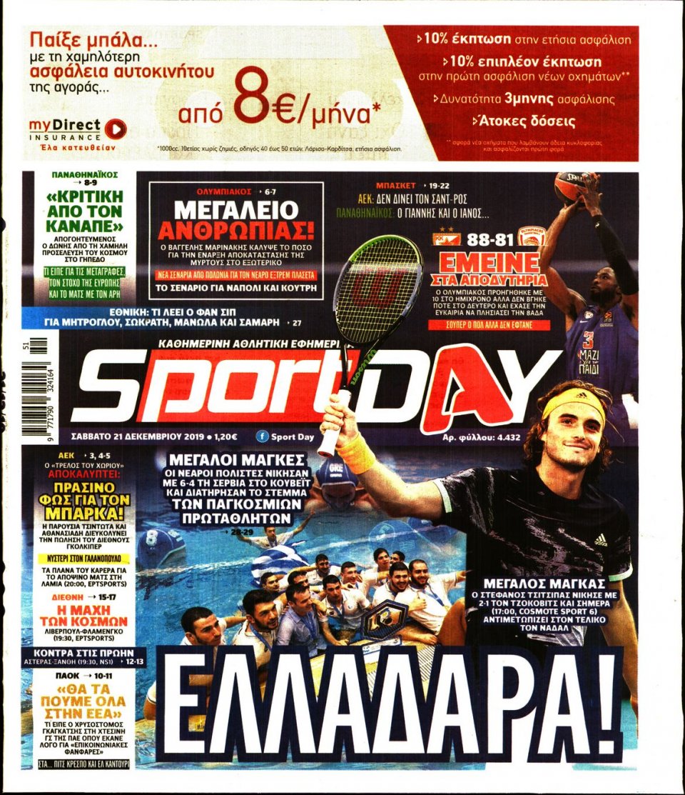 Πρωτοσέλιδο Εφημερίδας - Sportday - 2019-12-21