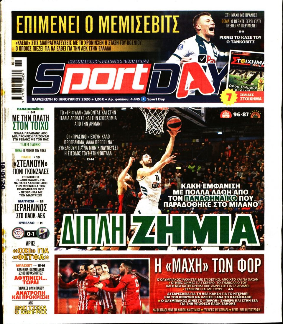 Πρωτοσέλιδο Εφημερίδας - Sportday - 2020-01-10