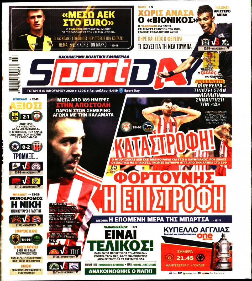 Πρωτοσέλιδο Εφημερίδας - Sportday - 2020-01-15
