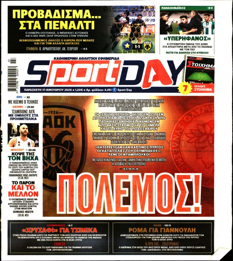Πρωτοσέλιδο Εφημερίδας - Sportday - 2020-01-17