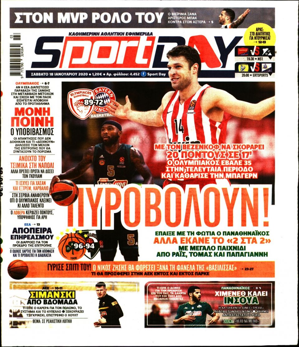 Πρωτοσέλιδο Εφημερίδας - Sportday - 2020-01-18