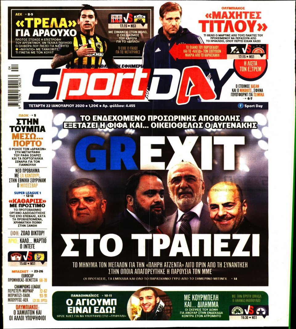 Πρωτοσέλιδο Εφημερίδας - Sportday - 2020-01-22