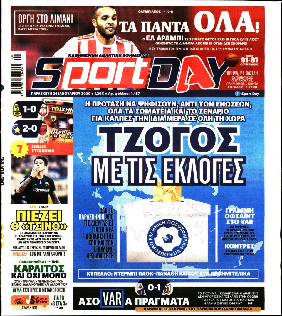 Πρωτοσέλιδο Εφημερίδας - Sportday - 2020-01-24