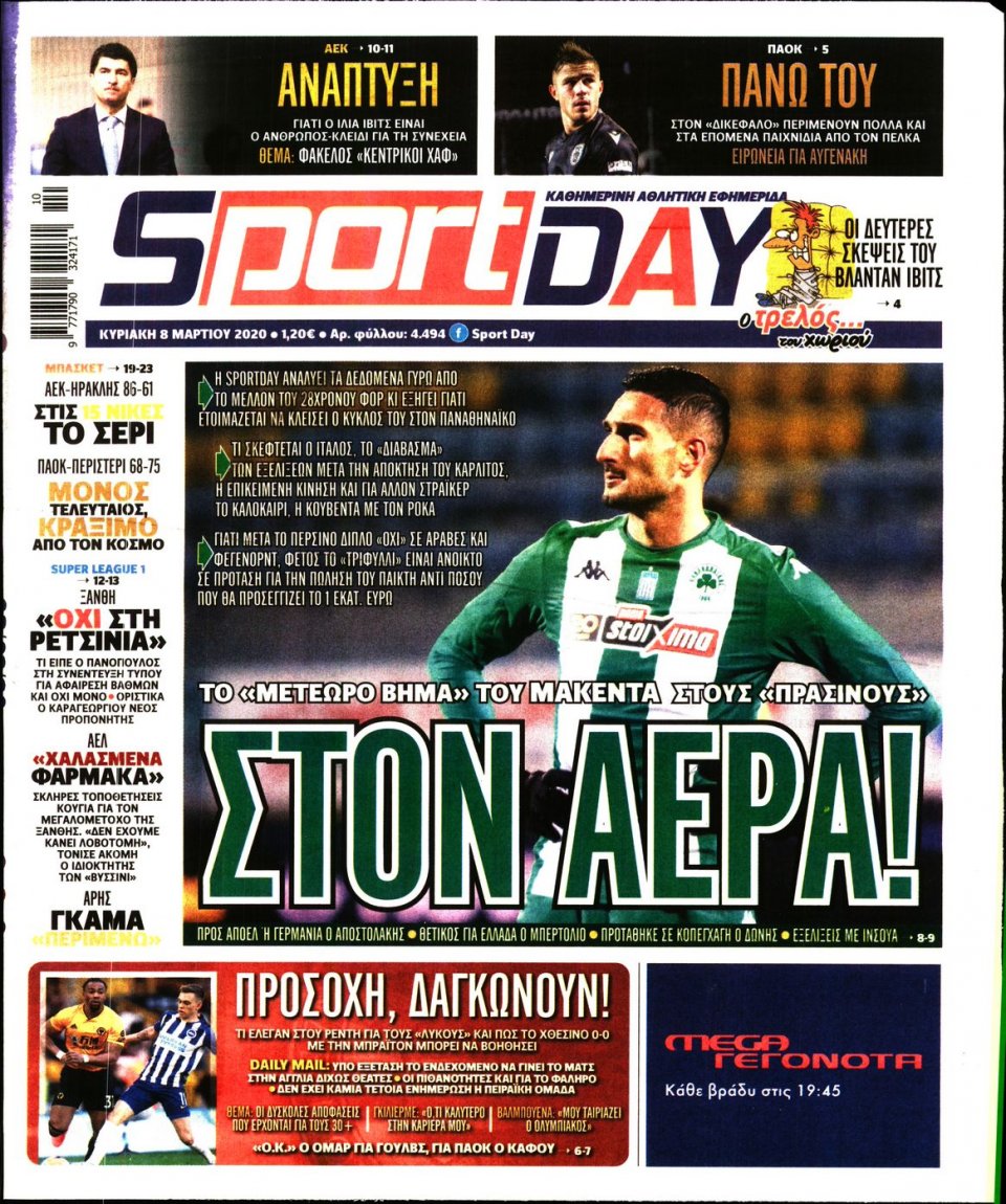Πρωτοσέλιδο Εφημερίδας - Sportday - 2020-03-08